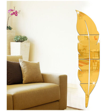 Miroir acrylique 3D - Décoration murale - En forme de plume - Décoration murale autocollante - Décoration d'intérieur pour salon, chambre, salle de bain, ferme (7318cm, plume d'or), (1/5)
