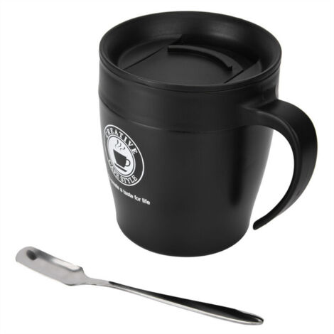 Fdit Tasse à café isolé en Acier Inoxydable avec Cuillère et Couvercle, Tasse de Bureau de Voyage Portable, Isolation Thermique Sous Vide, Idéale pour la Maison (BLACK) (1/5)