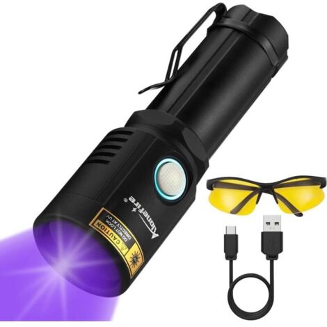 X901UV 10W 365nm Lampe Torche UV LED Puissante Rechargeable USB C Ultraviolet Lumière Noire Détecteur D'urine pour Résine, Peinture, Fluoresceine avec Lunettes de Protection UV, Pile Incluse (1/5)
