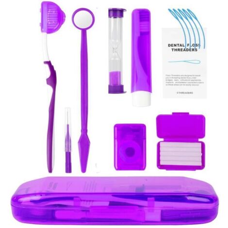 Kit de soins orthodontiques, kit de nettoyage orthodontique portable 8 pièces, kit de voyage orthodontique (violet) (1/4)