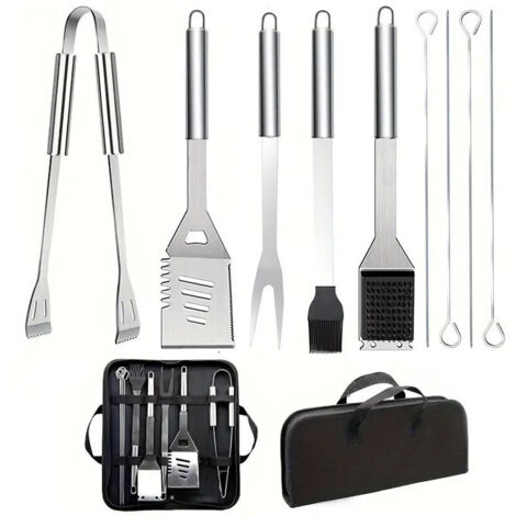 Ensemble d'ustensiles de barbecue en acier inoxydable 9 pièces avec sac de transport, pelle, brosse métallique, pinces et fourchette, accessoires de cuisine en plein air et de camping (1/4)