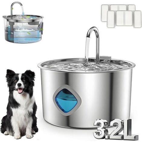 Pawdrates Fontaine à eau Pawdrates 3,2 l pour chien et chat avec niveau d'eau visuel, fontaine à eau pour chien en acier inoxydable 304 avec 3 modes d'arrosage et pompe silencieuse (1 pièce + 2
