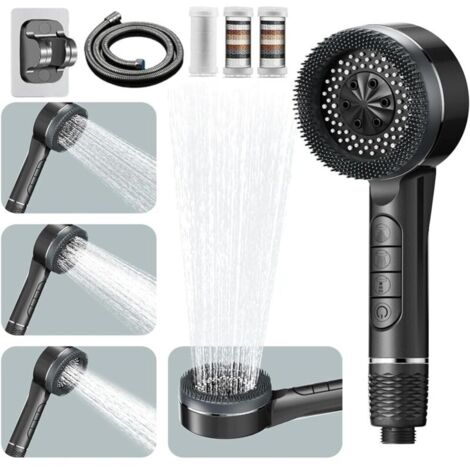 Pommeau de Douche Haute Pression, Pommeau Douche Economie Deau 4 Types de Jets Pommeau de Douche Anti Calcaire avec Tuyau Douche 1.5M et Support de Douche, avec Bouton D'arrêt D'eau, Gris (1/5)