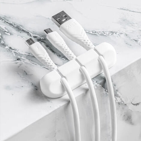 Organiseur de câbles de bureau avec clip - Lot de 5 - Support adhésif en silicone pour chargeur/souris/casque/téléphone - Blanc (1/5)