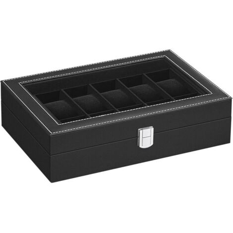 Boîte à Montres à 12 Emplacements, Coffret à Montres, Écrin, Couvercle en Verre, Coussinets Amovibles, Serrure en Métal, Revêtement en Noir et Doublure en Noir