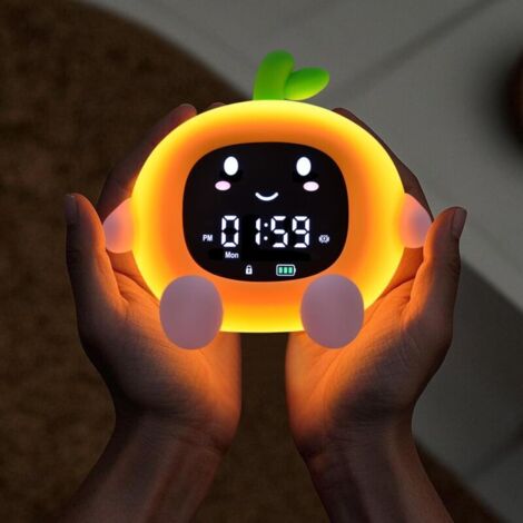 Réveil orange, veilleuse fruitée, multifonction, LED, tactile, en silicone, avec minuterie, veilleuse douce et support pour téléphone. (1/5)