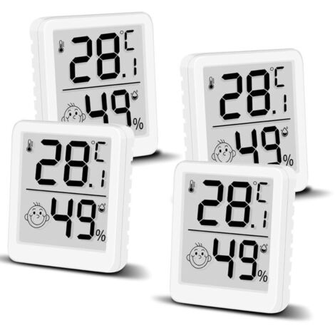 Lot de 4 thermomètres hygromètres numériques avec smiley et écran LCD pour l'intérieur - Mini humidimètre - Capteur de température de haute précision pour chambre de bébé, intérieur, bureau, salon (1/5)