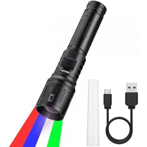 X94 RGBW 4 Couleurs Multicolore LED Lampe Torche Rechargeable USB C Blanc Vert Lumière Bleue, Lampe de Poche Rouge Stroboscopique Zoom avec Batterie incluse pour Nuit, Animal, Astronomie (1/5)