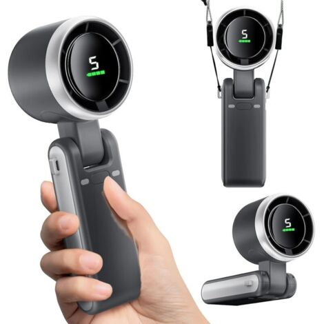 Ventilateur manuel 3 en 1 avec batterie USB de 4000 mAh, rechargeable, 5 niveaux, réglable à 180°, pliable, portable, jusqu'à 12 heures, idéal pour les voyages, le camping et l'extérieur (noir) (1/5)