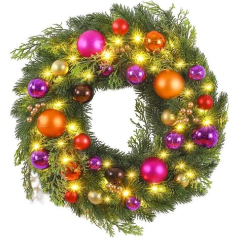 Couronne de Noël Porte Artificielle, LED Guirlande de Noël Minuterie à Piles Décoration Pin Epicéa Intérieur Extérieur Sapin Couronne Lumineuse Décor Porte Vitre Fenêtre Noël Multicolore (1/5)
