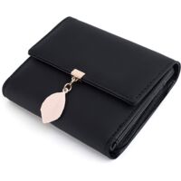 Porte-monnaie en cuir PU avec pendentif feuille pour femme (noir)