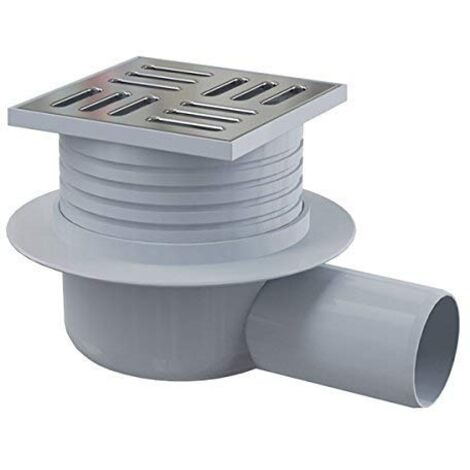 Siphon de sol avec grille inox 105 x 105 mm – Sortie horizontale Ø50 mm – Hauteur réglable 11 à 47 mm – Matériau polypropylène