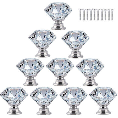 10 Stück Türknauf Möbelknopf Schrank Schublade Schrankknöpfe, 30mm Glas Kristall Diamant mit Schrauben - Transparent (1/5)