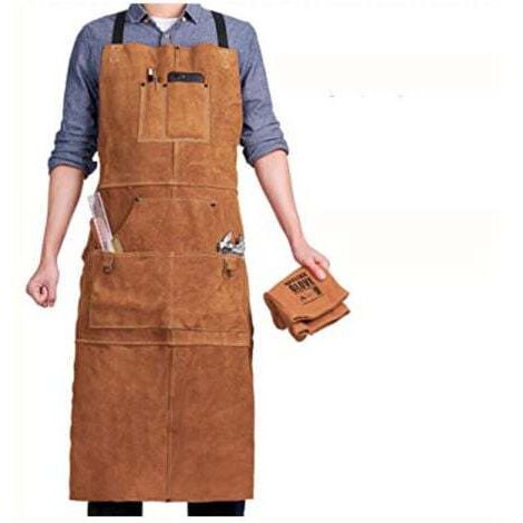 Schweißerschürze mit 6 Taschen, hitzebeständige und feuerfeste Arbeitslederschürze, verstellbare Tischlerschürze für Herren von M bis XXXL, ideal für Schmiede, Mechaniker, Werkstatt