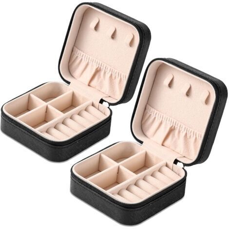 Tragbare 2-teilige Reise-Schmuckschatulle, Aufbewahrungsbox für Lederringe für Mädchen und Frauen (Schwarz) (1/5)