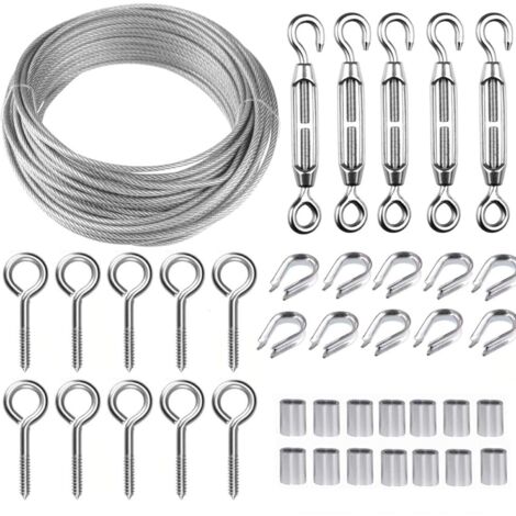 Edelstahl-Hängeseil-Set, 30 m/2 mm beschichtetes Edelstahlkabel mit M5-Spannschlössern, 2 mm Drahtseil-Set für Kletterpflanzen, Wäscheleine, Geländer, Leitplankenkabel (1/5)