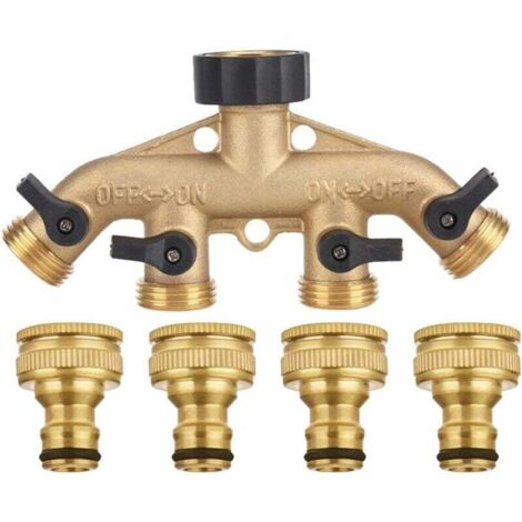 Sdoppiatore per tubo flessibile a 4 vie in ottone massiccio con valvole di intercettazione, rubinetto e uscite da 3/4", può utilizzare fino a 4 tubi flessibili contemporaneamente. (1/5)