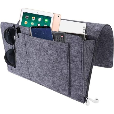 Nachttisch-Organizer, Nachtbett-Aufbewahrungstasche, praktischer Bett-Organizer, Schlafsaal-Bett-Organizer, mit 5 Taschen, zum Verstauen von Büchern, Handys, Brillen (Dunkelgrau) (1/5)