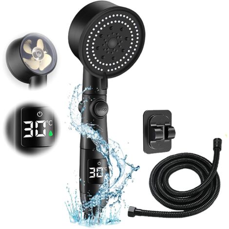 Duschkopf mit digitaler Temperatur, wassersparender Hochdruck-Duschkopf, 1,5 m Schlauch für Duschkopf mit Wasserstopp, 5 Modi, Duschkopf mit 9 cm Durchmesser und Halterung (1/5)