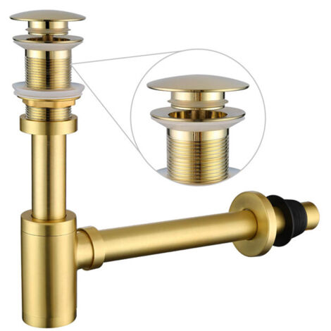 Komplette Siphon-Baugruppe für Badezimmerwaschbecken, 1-1/4 Zoll verstellbares Abflussset für Waschbecken, massives Messingrohr mit herunterziehbarem Siphon, Version ohne Überlauf, gebürstetes Gold