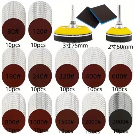 120 Pièces Disques de Ponçage,Pad de 50mm 75mm avec papier a poncer à fixation,80 120 180 240 320 480 600 800 1000 1200 1500 3000 pour voiture, métal et bois (1/5)