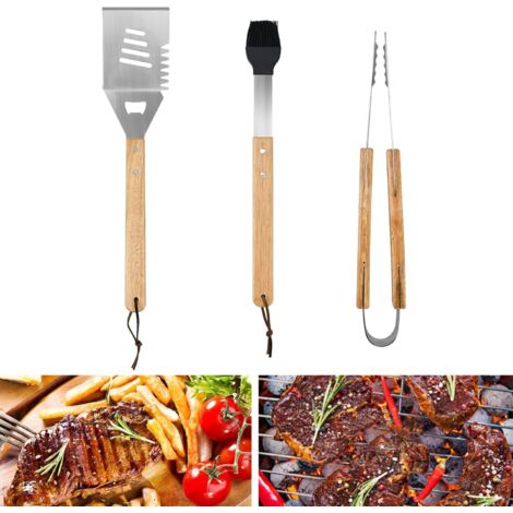 CSPARKV 3 Stück Edelstahl-Grillutensilien, Grillzange, Grillbürste, Grillspatel mit Holzgriffen für Camping-Grill, Outdoor-Grill (1/5)