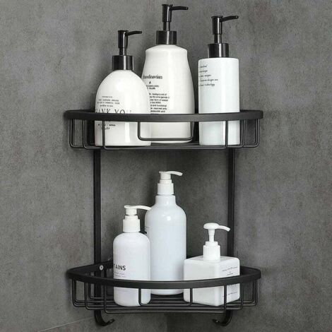 Eck-Duschregal ohne Bohren, selbstklebend, ideal für Badezimmer-Accessoires, mit 2 Ablageebenen in Schwarz. (1/5)