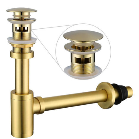 Messing-Siphon mit Waschbeckenstöpsel: runder Siphon von 11/4 Zoll mit Überlauf, höhenverstellbar, gebürstetes Gold, komplettes Sanitärset für Rohraustausch.
