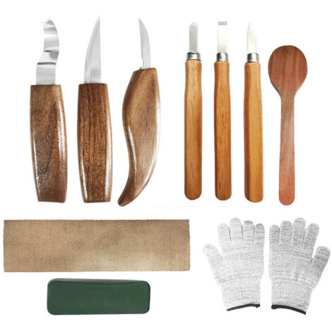 XVX 10-teiliges Holzschnitzwerkzeug, Holzschnitzset mit 3 Holzschnitzmeißeln, 3 Holzschnitzmessern, Handschuhen, professionelle Holzschnitzwerkzeuge für Anfänger und Profis (1/5)