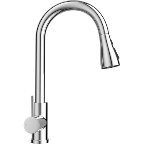 Robinet de cuisine argenté brillant, pivotant à 360°, trois fonctions de pulvérisation, robinet de cuisine avec douchette extractible, mitigeur eau froide et chaude (1/4)