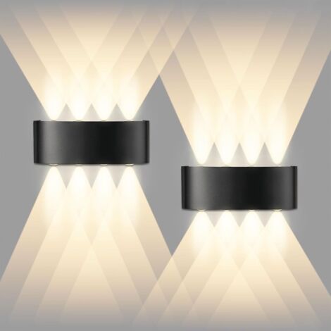 Lot de 2 Applique Murale LED Noir 8W, Intérieur Exterieur Murale, IP65 Lampe Blanche Chaude 3000K Murales, Moderne Carré Up Down en Aluminium pour Chambre, Salon, Hôtel