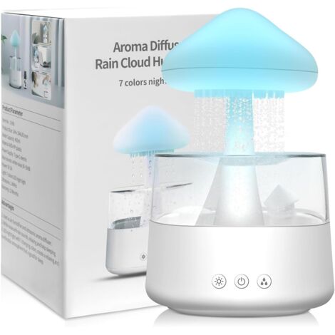 Humidificateur d’Air Effet Pluie 450ml - Diffuseur d’Huiles Essentielles avec Lampe Champignon, Nuage de Pluie, 7 LED Multicolores, Silencieux pour Chambre, Bureau, Maison (Blanc) (1/5)