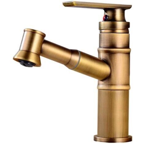 Robinet de salle de bain vintage, mitigeur monocommande avec douchette extractible, robinet de lavabo, robinet d'évier de cuisine, bec haut, laiton MUMU (1/4)