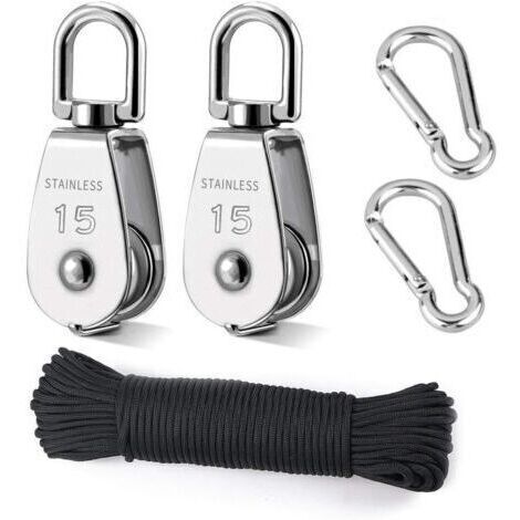 Poulie de levage, 2 poulies de 15 mm en acier inoxydable 304, 2 poulies simples M15, pour cordes et câbles, avec corde d'escalade de 8 mm (20 m). (1/5)
