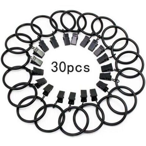 30 anneaux de rideaux avec clips métalliques, robustes et antirouille, pour tringles à rideaux, diamètre intérieur de 32 mm (noirs) (1/4)