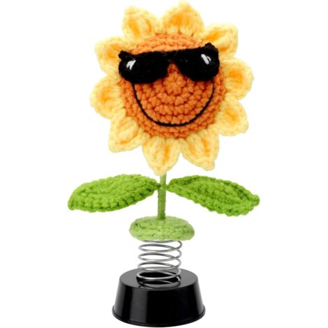 Decoration Voiture, Secouer Tournesol au Crochet Décorations du Tableau de Bord,Crocheter Deco Jouets Voiture Interieur, Auto Accessoires Ornement Bobble Head Cadeau Homme Femme d'anniversaire (1/5)