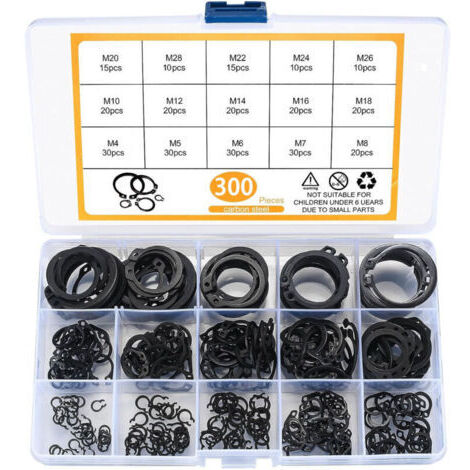 Kit de 300 circlips assortis M4-M28 – Anneaux de retenue externe – Pour roulements, arbres et pièces mobiles – Rangement pratique (1/4)