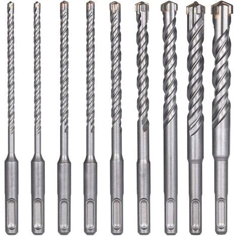 Forets à Béton SDS Plus, 9PCS Perceuse à Percussion Perceuse à Maçonnerie, 5,6,6,8,8,10,12,14,16 x 160mm Outils de Forage pour Percer des Trous dans Béton, Carreaux de Céramique, Pierre (1/4)