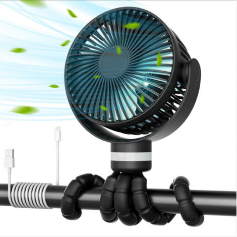 8000mAh Ventilateur de Poussette Portable, Batterie de 27 Heures, Rotation Détachable à 4 Vitesses à 360 °, Veilleuse,Ventilateur de Rechargeable par USB,Voyage, Siège, Chambre