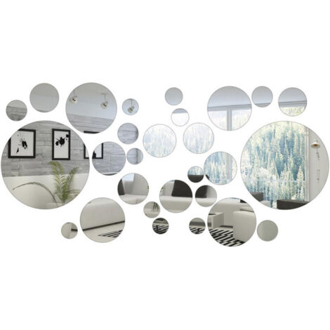 Lot de 32 miroirs muraux ronds en acrylique, amovibles, pour la maison, la salle de bain, le salon, la chambre à coucher, le fond TV, argentés (1/5)