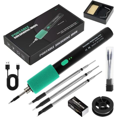 Kit de soudure sans fil, soudeur USB rechargeable avec 3 réglages de température 260℃-450℃, 3 embouts de soudure, support de soudeur, fil de soudure, pâte à souder, kit de soudure pour réparation de (1/5)