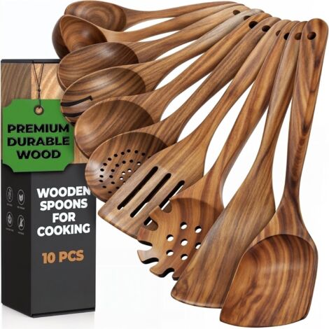 Ustensiles de cuisine bois - Ensemble premium en teck de 10 pièces avec cuillère en bois et spatule cuisine - facile à nettoyer - Léger, résistant à la chaleur, durable et anti-rayures (1/5)
