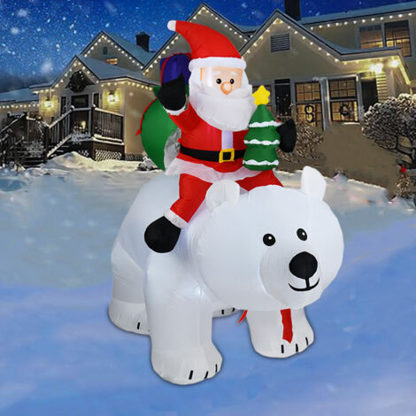 175CM Père Noël Gonflable, sur Ours Polaire Tête Secouant, Décoration Gonflable de Nuit avec Lumières, Souffleur Inclus, pour Maison & Jardin (1/5)