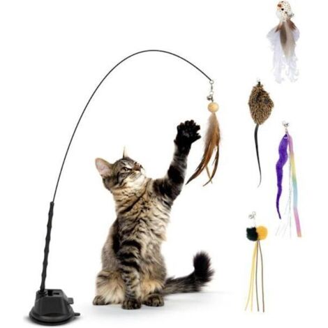 Ensemble de jouets pour chats Lollanda 7 pièces comprenant une canne à pêche, une ventouse et des plumes - Jouet écologique pour chats d'intérieur