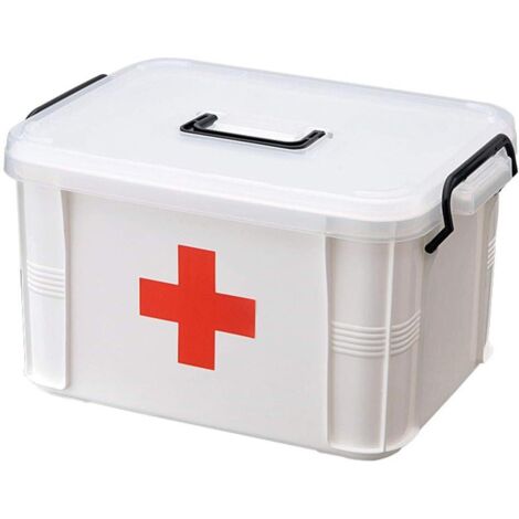 Boîte de rangement pour médicaments, boîte à médicaments portable en plastique verrouillable, boîte de rangement pour médicaments, boîte de premiers secours multicouches blanche (1/5)