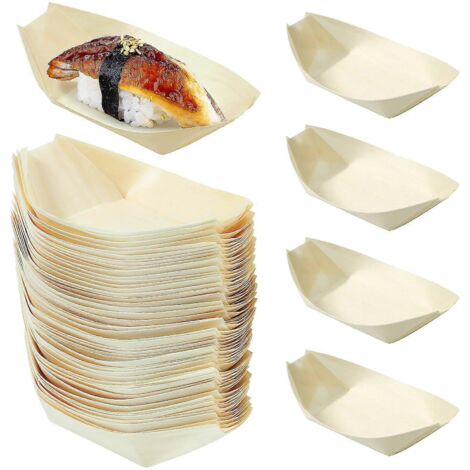 100 plateaux à sushis jetables en bois naturel pour la maison et les restaurants (1/5)