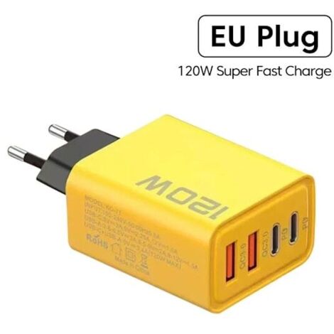 Chargeur rapide 120 W, adaptateur USB Type C Quick Charge 3.0 pour iPhone, Samsung et Xiaomi (PD), prise jaune UE.