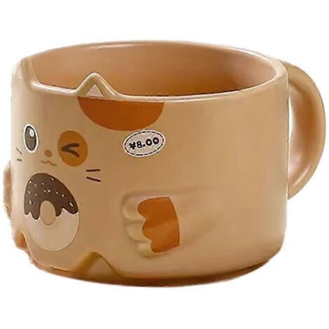 Mug en céramique motif chat - Tasse empilable avec anse et motif oreilles de chat, vaisselle originale marron (1/5)