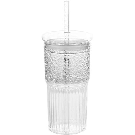 Tasse en verre de 600 ml pour café au lait avec couvercle et paille, à rayures transparentes. (1/5)
