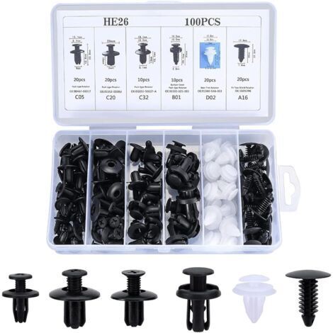 Houhence – Kit de 100 clips de fixation voiture – 6 tailles pour pare-chocs et portes – Plastique résistant à l'usure – Installation facile (1/5)